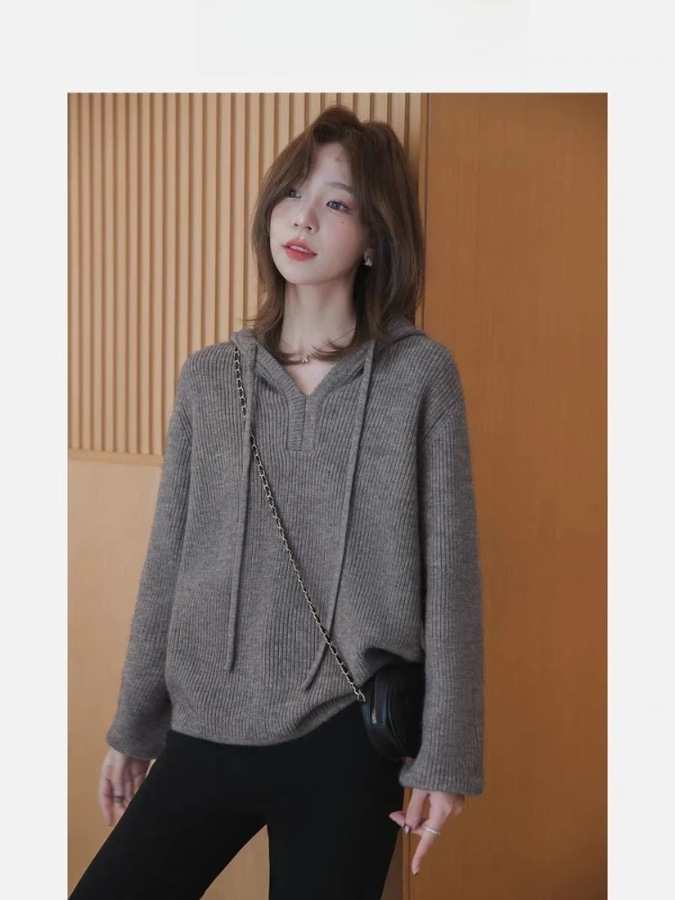 

Hooded Sweater Women's Sweater 2025 Autumn and Winter New Fashion V-neck Loose Casual Solid Color Long-sleeved Knitted Top