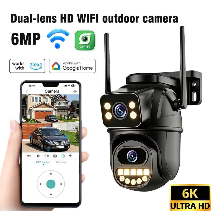 2.4G Bluetooth 3MP WiFi Surveillance Camera, Dual Lens 4X Digital Zoom AI Human Detect ONVIF Outdoor Security PTZ IP Cameras