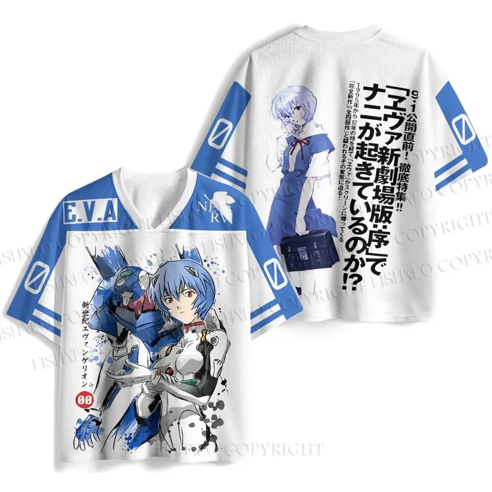 Rei Ayanami & Evangelion Unit-00 Jersey E.V.A & NERV Logo Print V-Neck Short Sleeve T-shirt  Anime Mecha Fan Casual Streetwear view 6