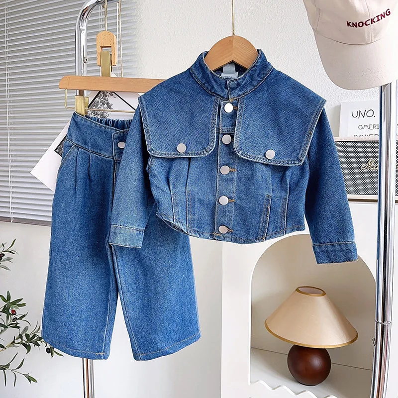 

New Lapel Girls Denim Suit Spring and Autumn Clothing Soft Children's Denim Two-piece Suit