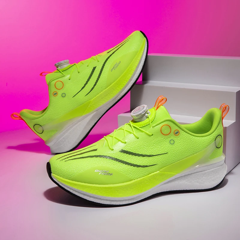 Men Carbon Plate Running Shoes Rotating Buckle Lightweight Breathable Sneakers Shock Absorption Athletic Training Sports Shoes