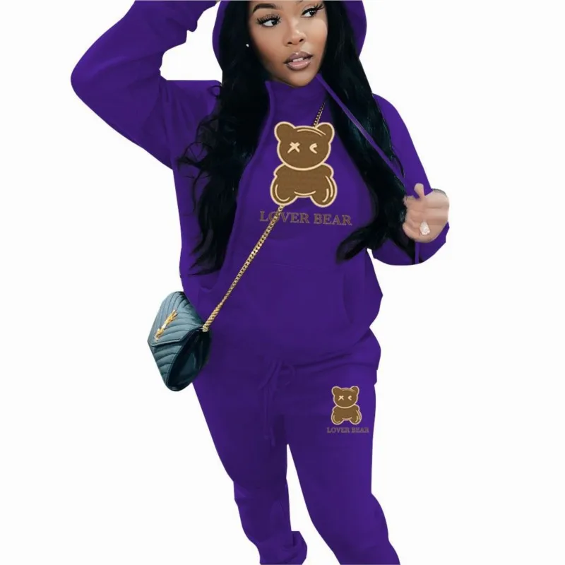 Moletom com capuz e calça agasalho feminino, roupa estampada para urso, terno casual, pescoço com capuz, streetwear, plus size, conjunto de 2 peças,