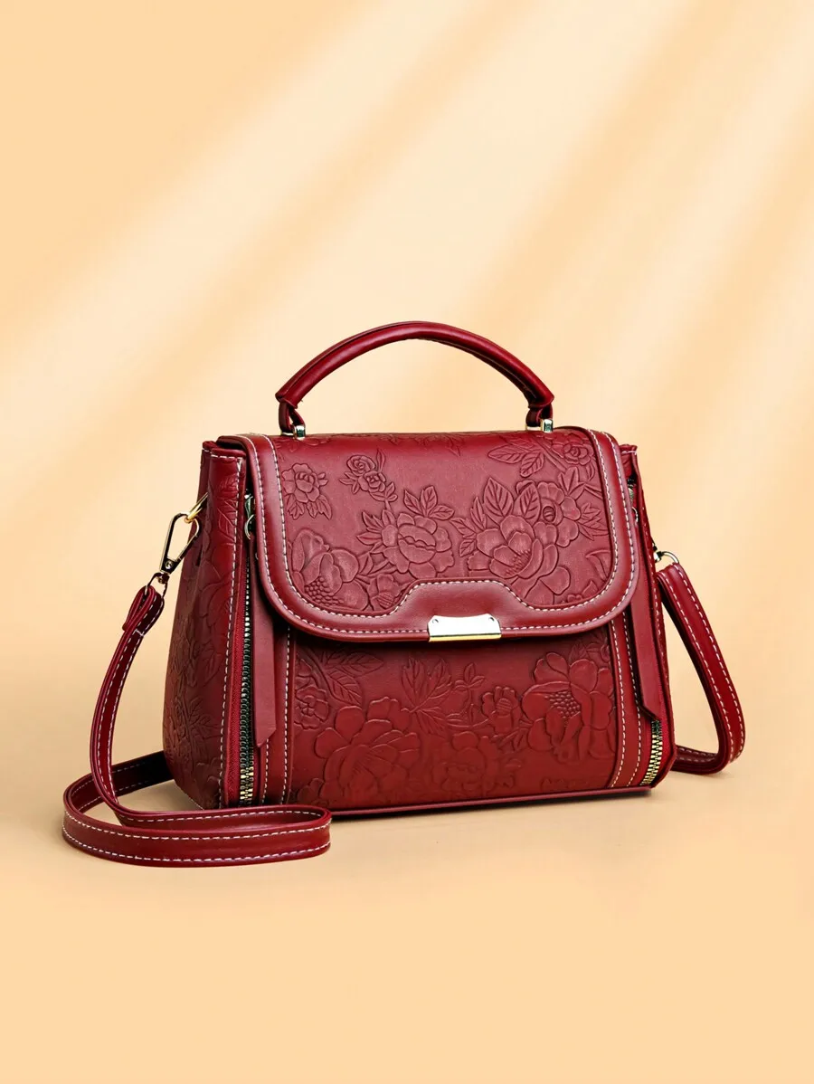 

Burgundy Floral Embossed Top-Handle Handbag with Adjustable Strap