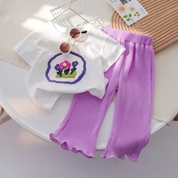 Childrens Clothing Girl Summer Two-piece Set Flower Short Sleeved T-shirt Baby Fashionable Solid Color Pants Summer Set