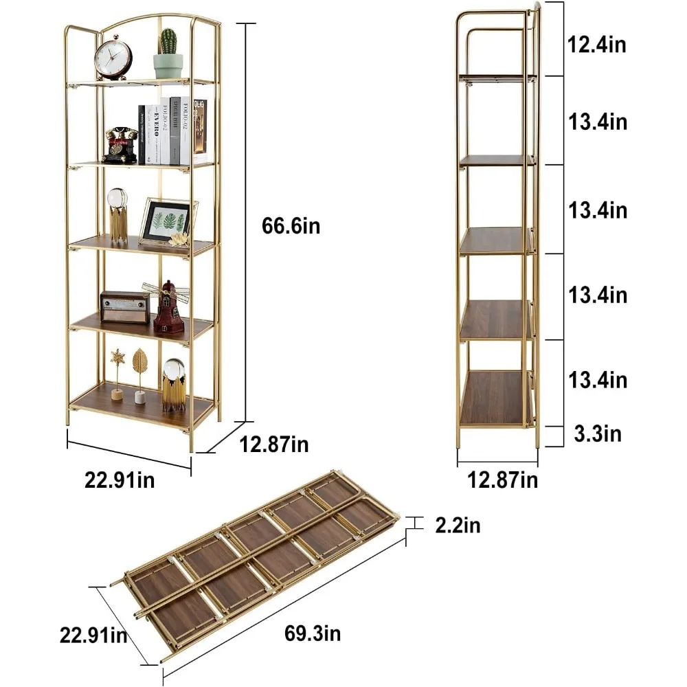 Kein zusammen klappbares Bücherregal, 5-stufiges goldenes Bücherregal, Bücherregal aus Metall zur Aufbewahrung, zusammen klappbares Bücherregal für die Büro organization