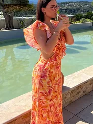 Summer Fashion Women Sexy V-neck Sleeveless Backless Orange Dress Ruffle Print Hollow Out Women's Long Dresses For Beach