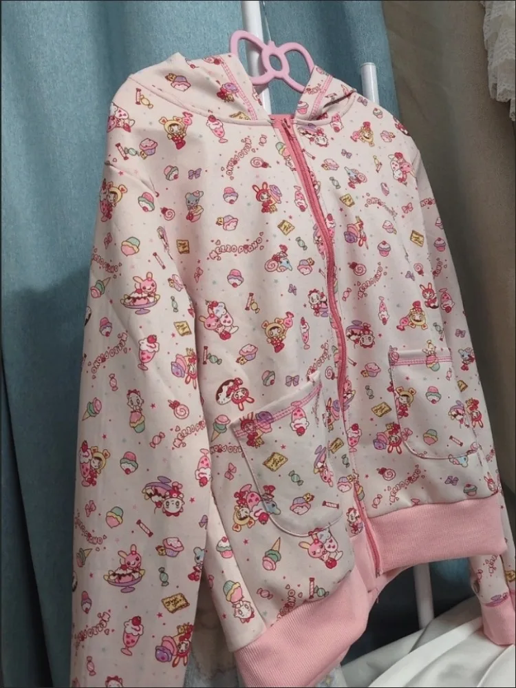 Felpe con cappuccio con stampa di coniglio simpatico cartone animato giapponese Kawaii da donna Felpe con cappuccio Casual Grunge Lolita Giacca con cappuccio rosa preppy causale