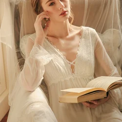 Women Spring Autumn White Full Sleeves Nightdress French Sexy V-Neck Long Ankle-Length Nightgowns Princess Sweet Lace Nightie