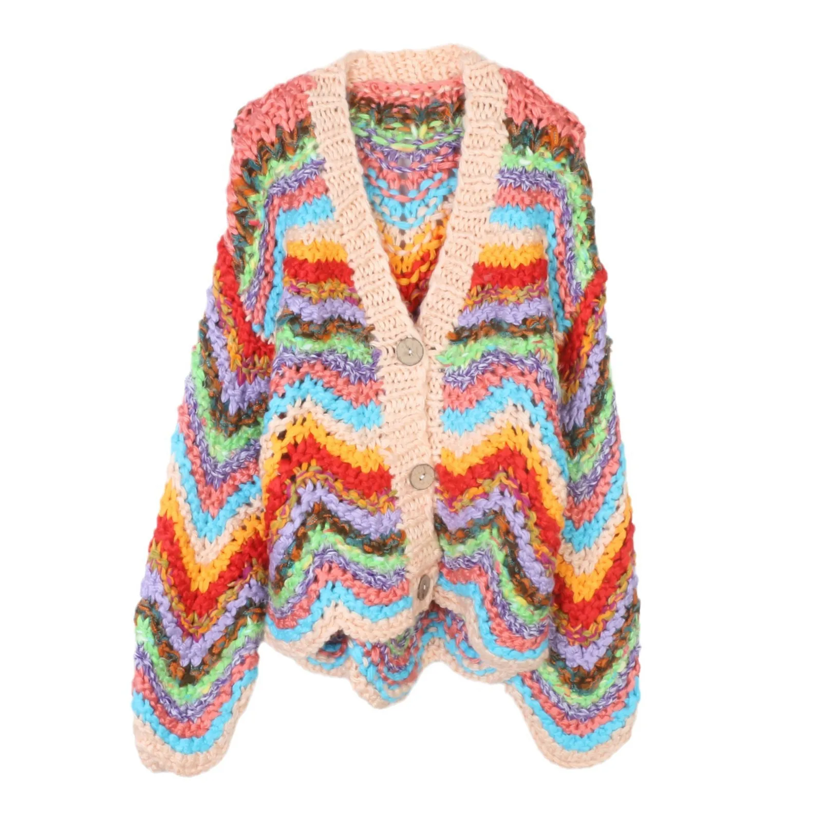 

Knitted cardigan jacket women Retro 2025 autumn/winter casual looseLazy Wind Rainbow thick basic Simple
