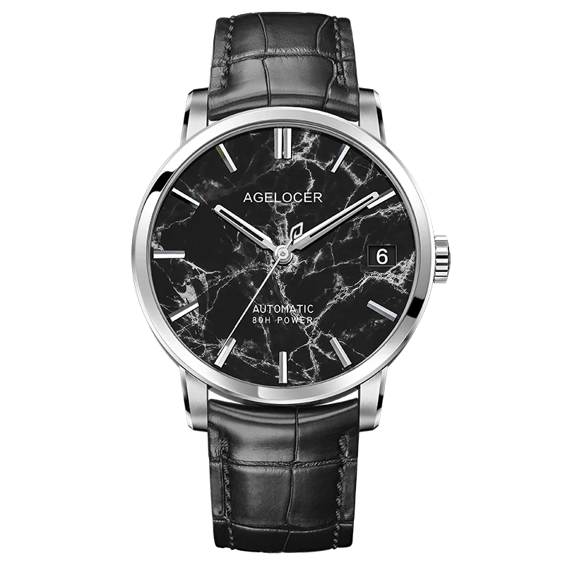 Reloj AGELOCER Baikal con esfera de mármol Natural para hombre, calendario grande con fecha de 40mm, relojes mecánicos automáticos para hombre, zafiro con caja