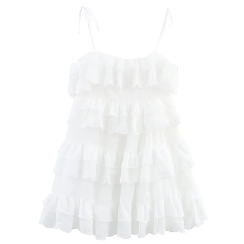 Vestido Curto F Verão 2025 com Alças Bordadas, Decoração em Camadas, Estilo Bolo, Cintura Alta, Estilo Doce