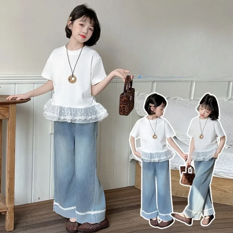 

Children Clothing Set Fashion Girls Lace Trimmed Knitted Short-sleeve Top+Jeans Two-piece Set 2025 New