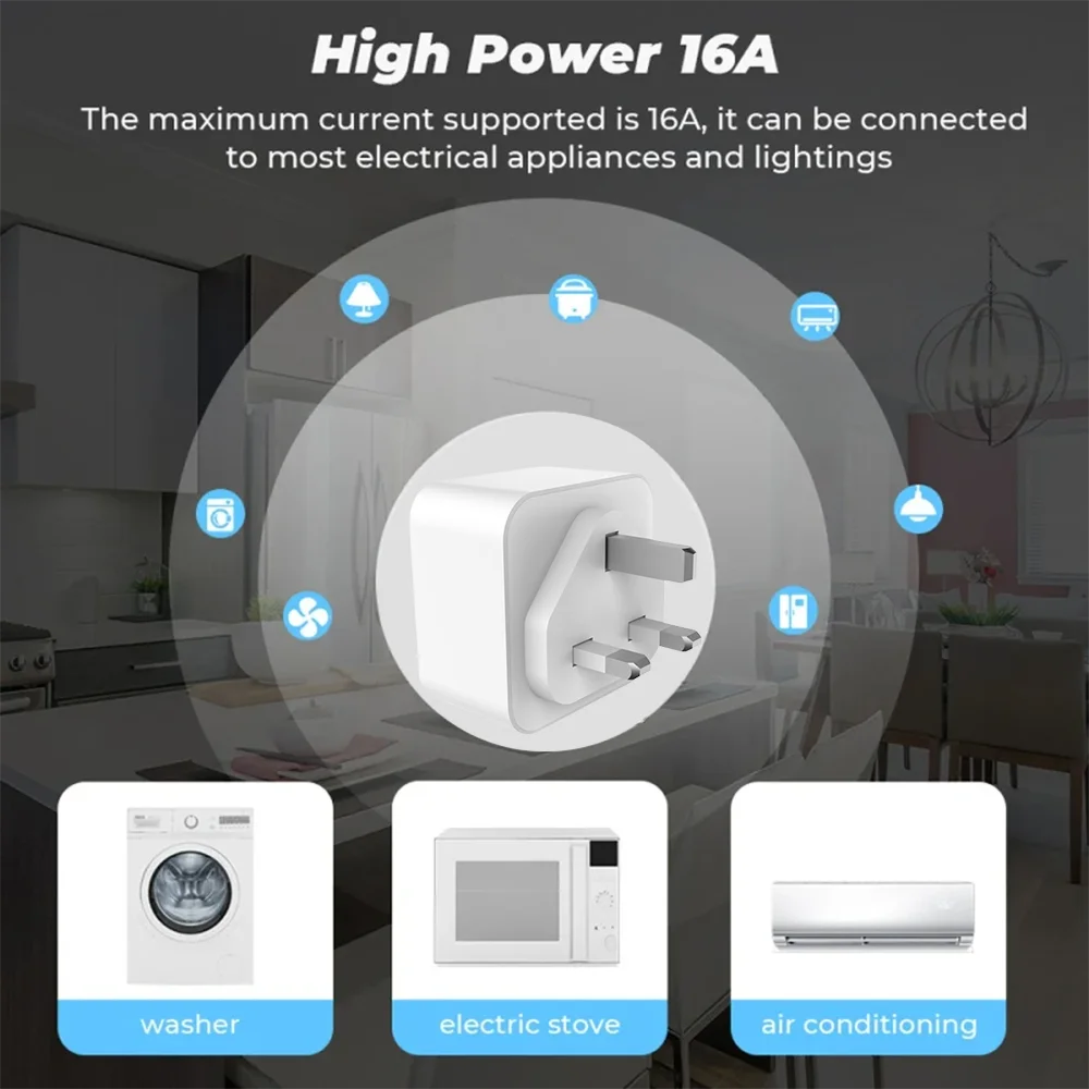 16A Tuya Smart Wifi Plug UK Wireless Control Socket Outlet with Energy Monitering Timer Function Works with Alexa Google Home