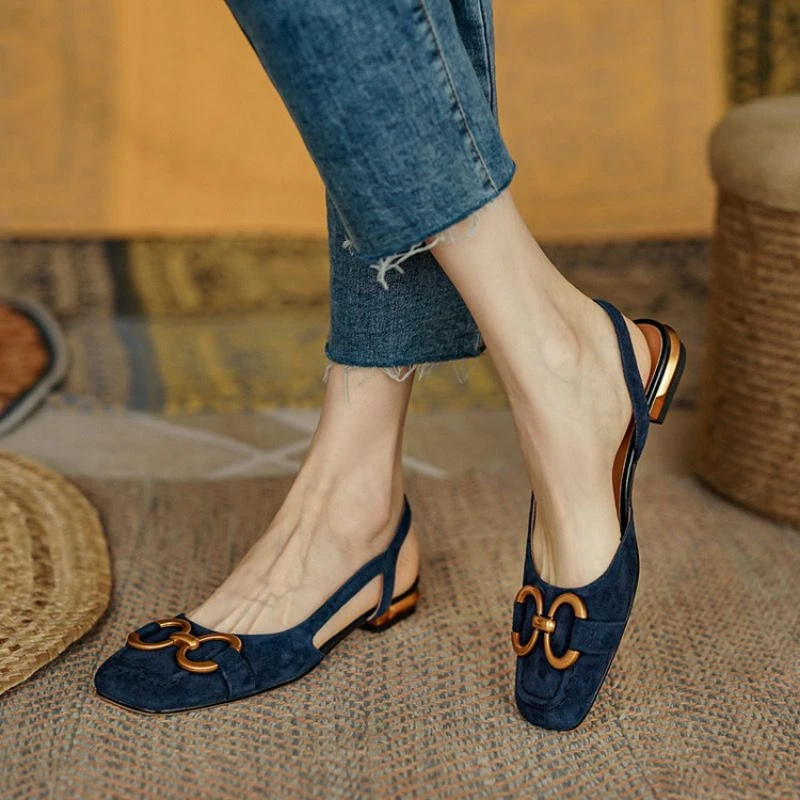 Retro Women Sandals Fashion Low-heeled Shoes Slingback Suede Office Ladies Shoes High Quality Elegant Slip on Woman Flat Sandals