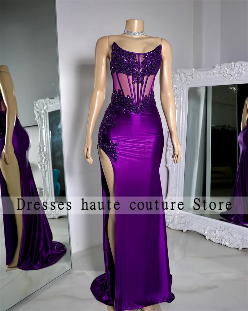 

Purple Lace Appliques Mermiad Long Prom Dresses For Black Girl 2025 Crystals Side Slit Customized Birthday Party Gowns