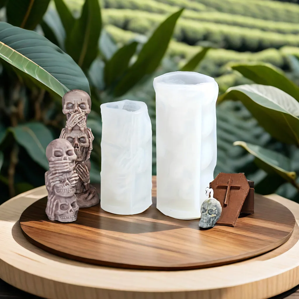 3D See No Hear No Speak No Evil Skull Scented Candles Silicone Halloween Mould DIY Aromath Candle Making Tools Mold Decor