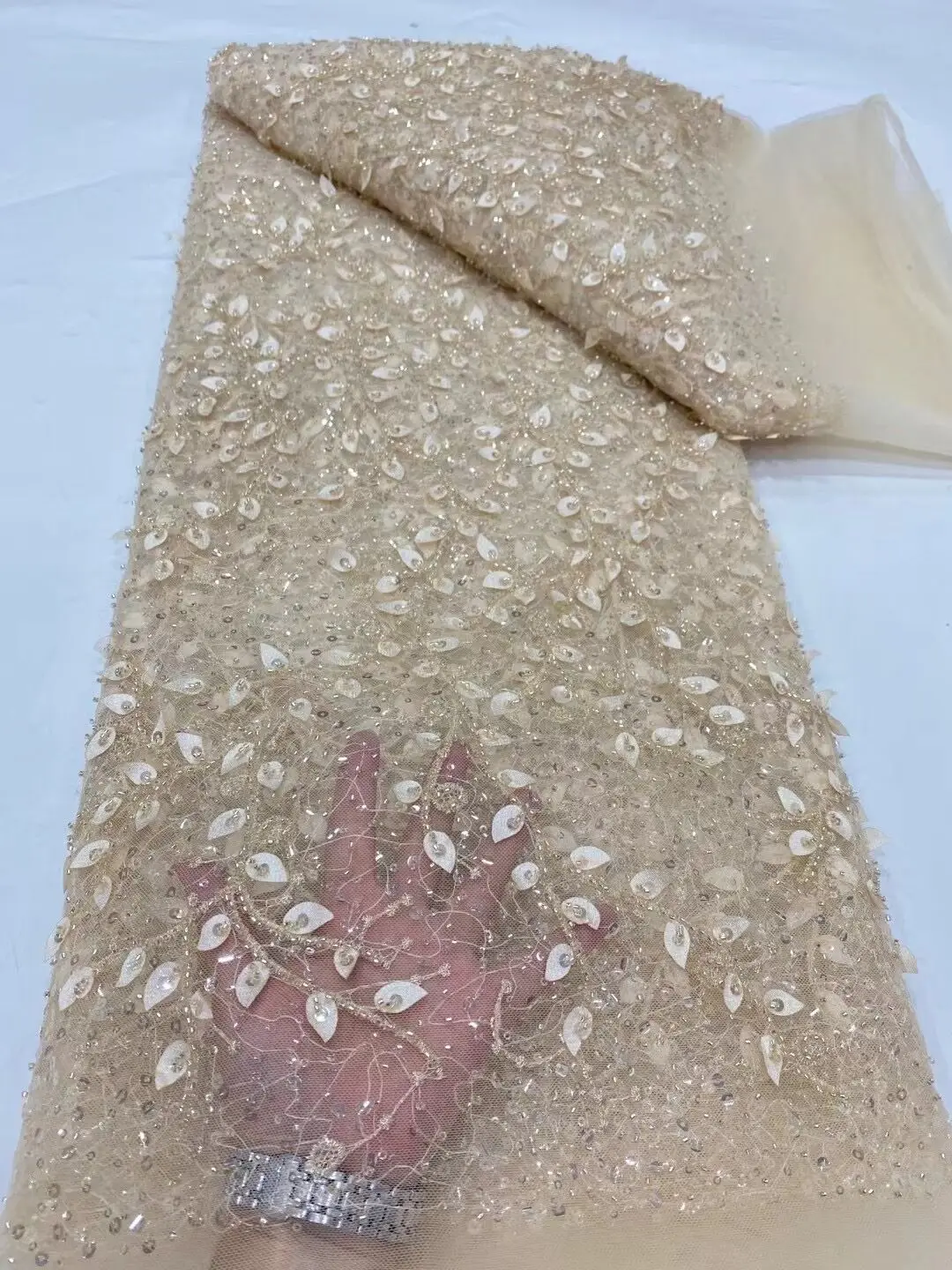 2023 High Quality African Nigerian Tulle Lace Fabric BeadsSequins Embroidery  French Guipure Wedding Party Dress Beaded 5Yards