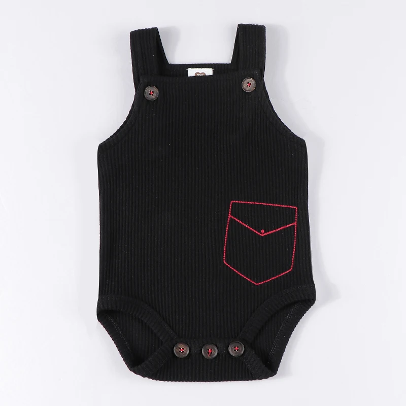 Baby romper black ribbed with buttons baby sleeveless baby boys and girls clothes red pocket stitching baby overalls clothing