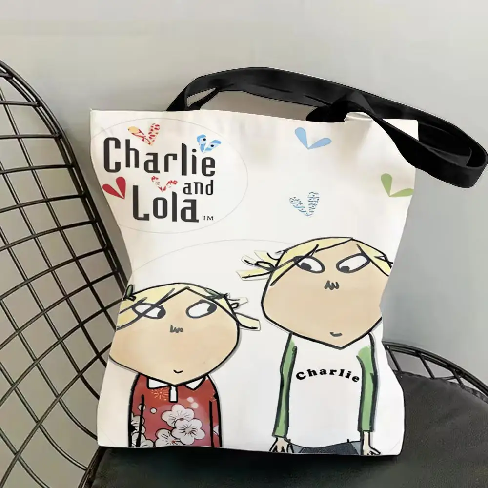 Charlie and Lola Anime Storage Bags Canvas Double-Sided Print Shoulder Handbag Reusable Eco-Friendly Shopping Tote Bag