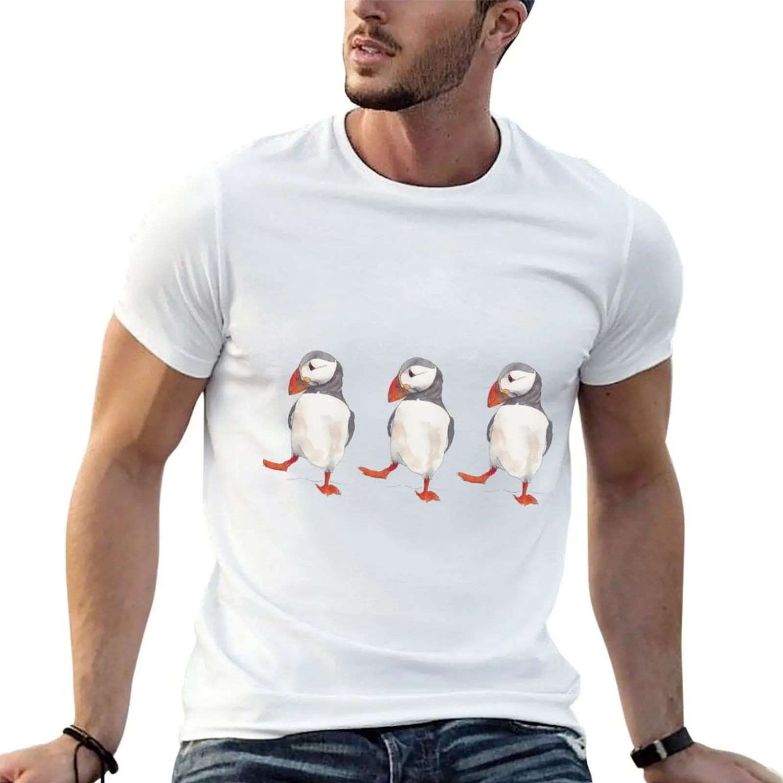 

3 Dancing puffins watercolor illustration T-Shirt black cotton t-shirt plain for man package t shirts for man pack white T-Shirt