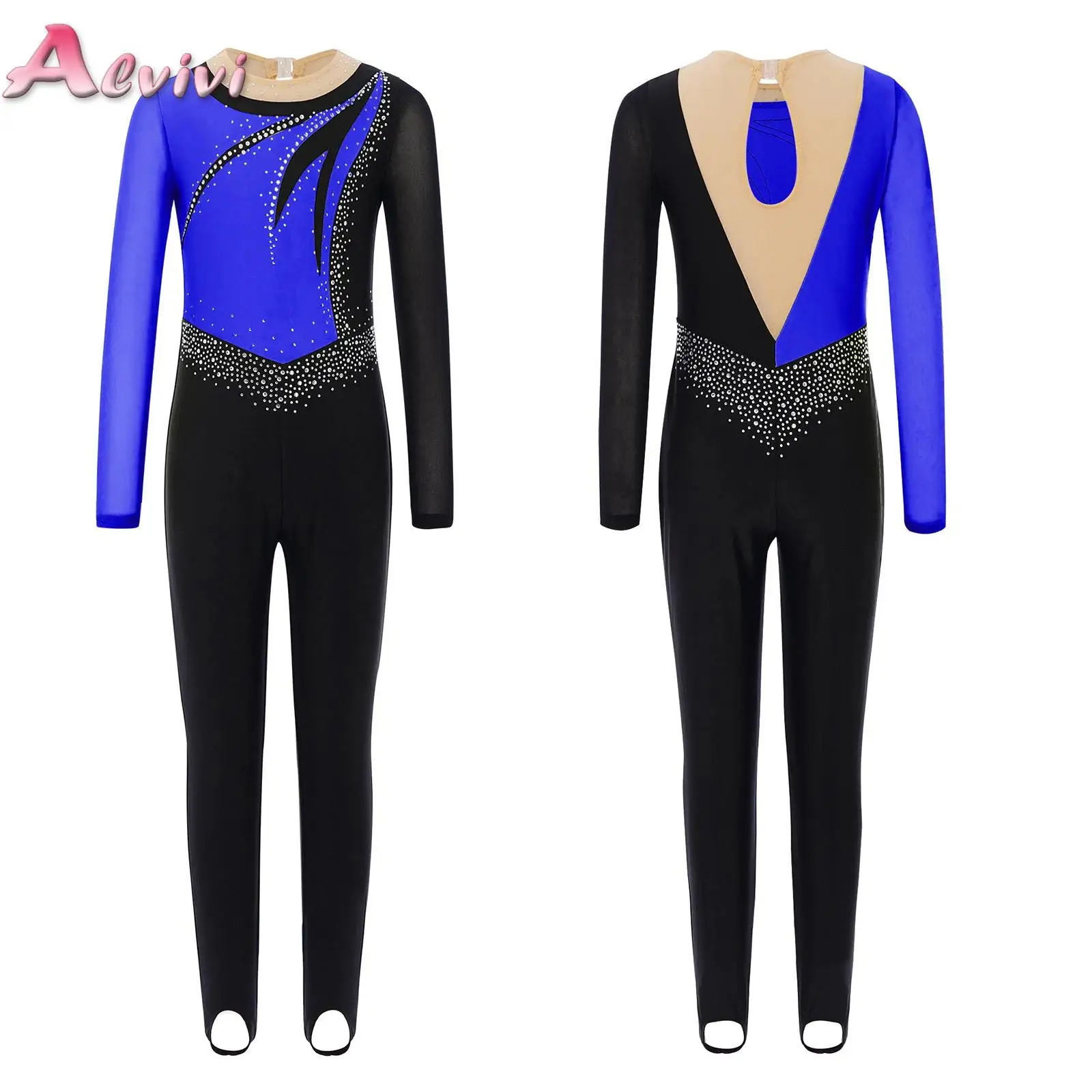 

Kids Girls Rhinestones Gymnastics Jumpsuit Figure Skating Color Block Bodysuit Long Sleeve Full Body Leotard Training Clothes