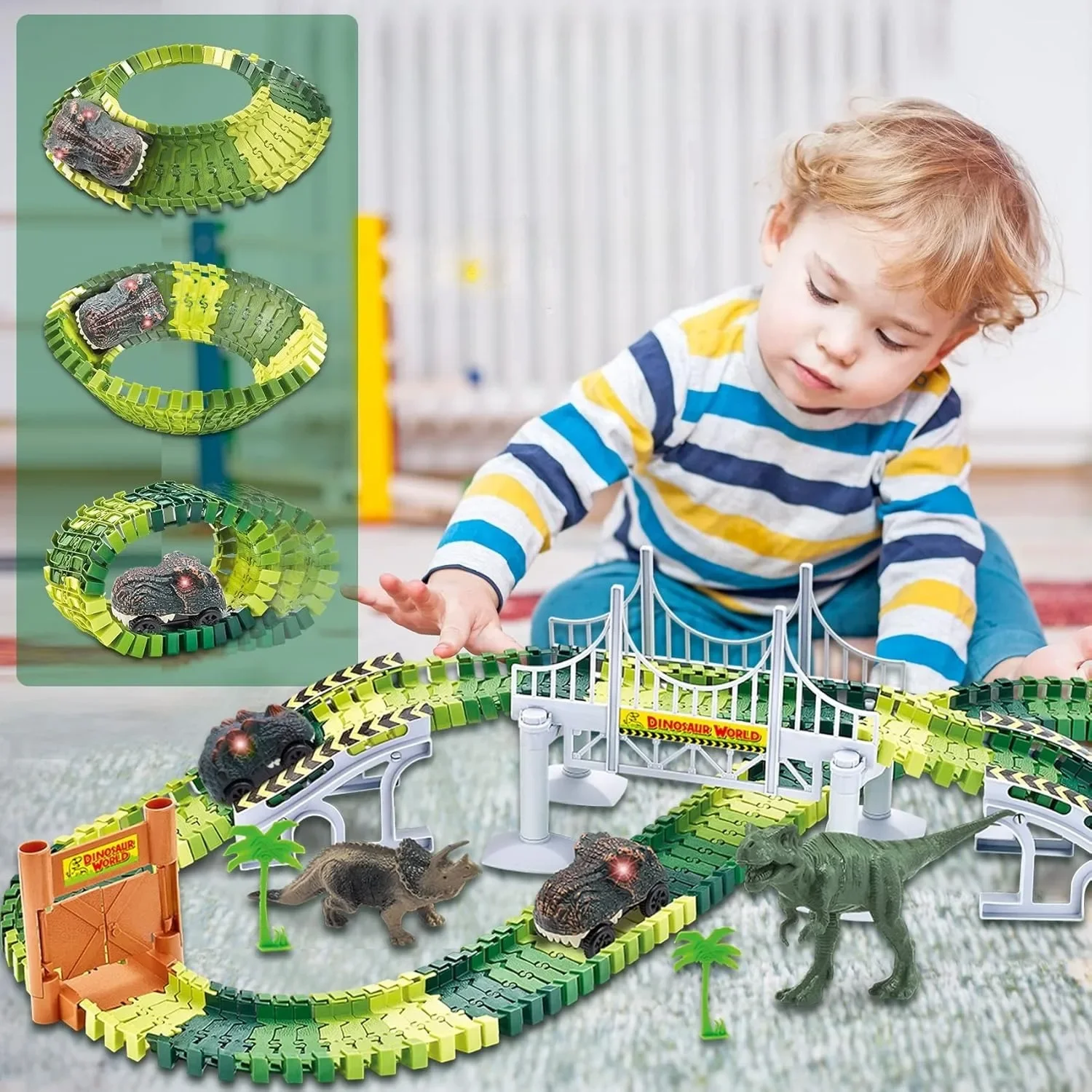 Dinosaurusspeelgoed Creëer een dinosauruswereld Road Race Flexibele spoorspeelset en 2 STUKS Coole dinosaurusauto voor jongensmeisjes Kerstcadeau