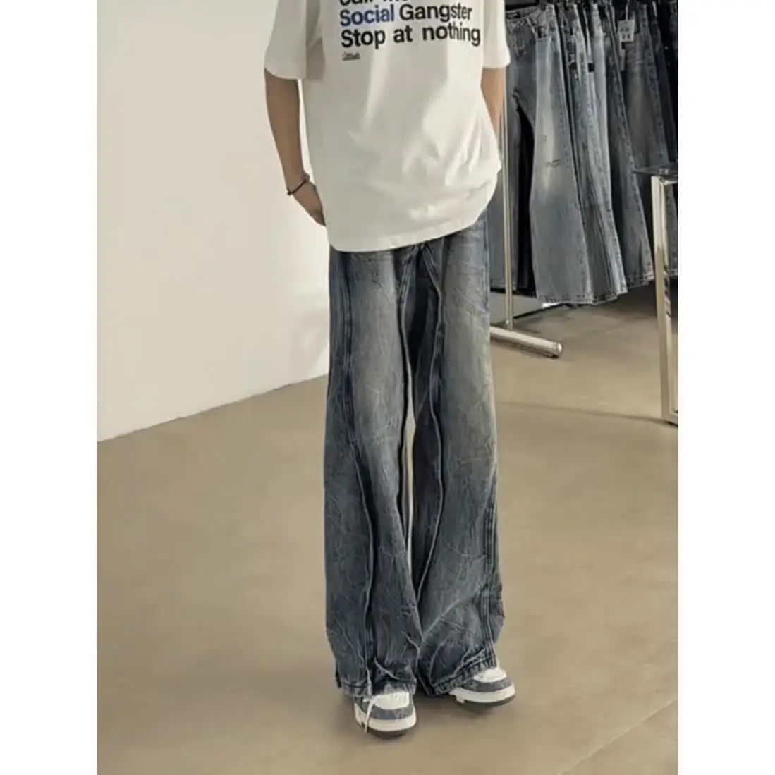 American high street hip-hop men and women trendy washed straight leg jeans autumn couple loose micro flared casual pants y2k