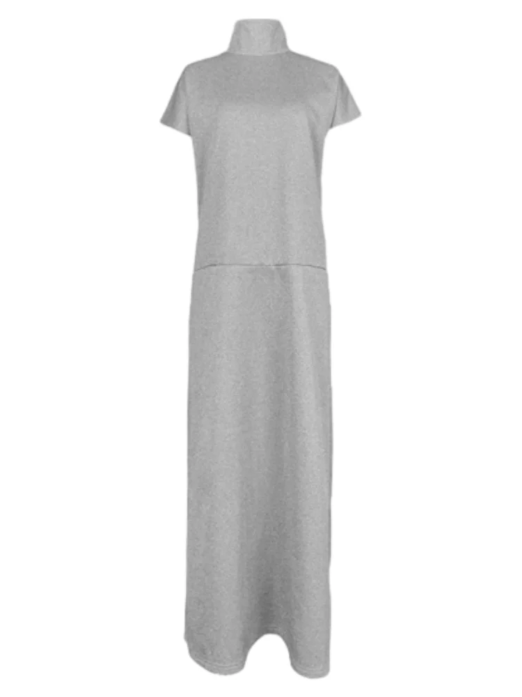 Freeacy Solid Gray Women's Casual Dress High Neck Short Sleeves Split-joint H-line Loose Fit Maxi Dresses Summer Stylish Outfits