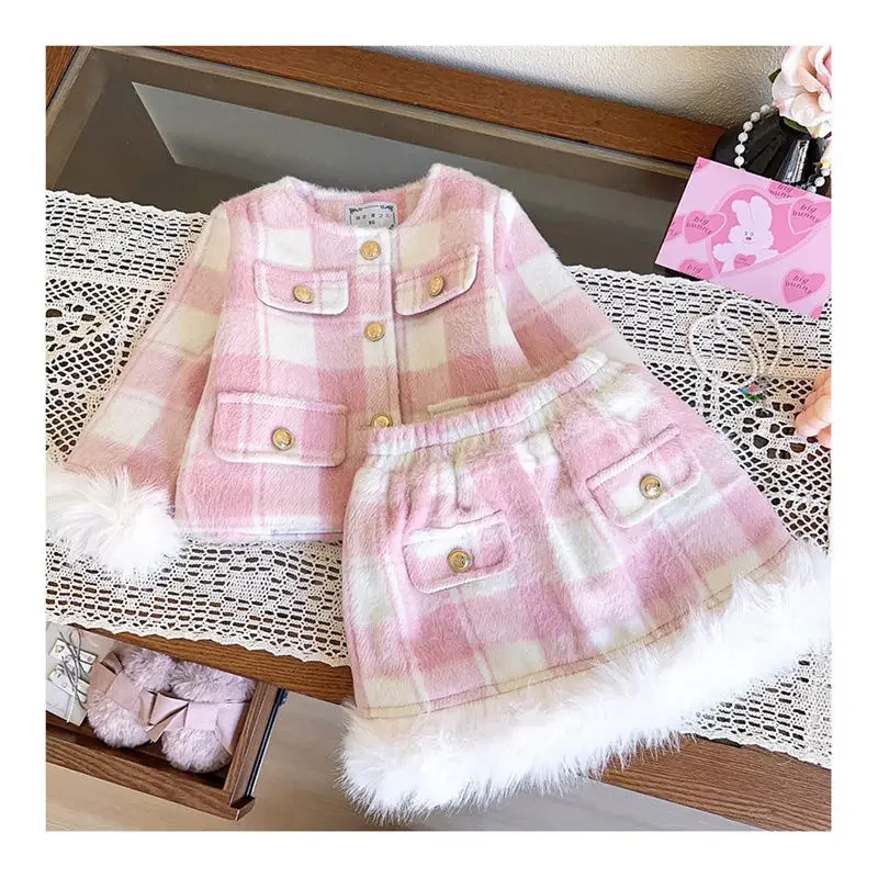 24 Niña Elegant Girls Baby Autumn Winter Clothing Set Beautiful Pink Plaid Coats+Skirts ,fashion Fake Fur Kids Children Overwear