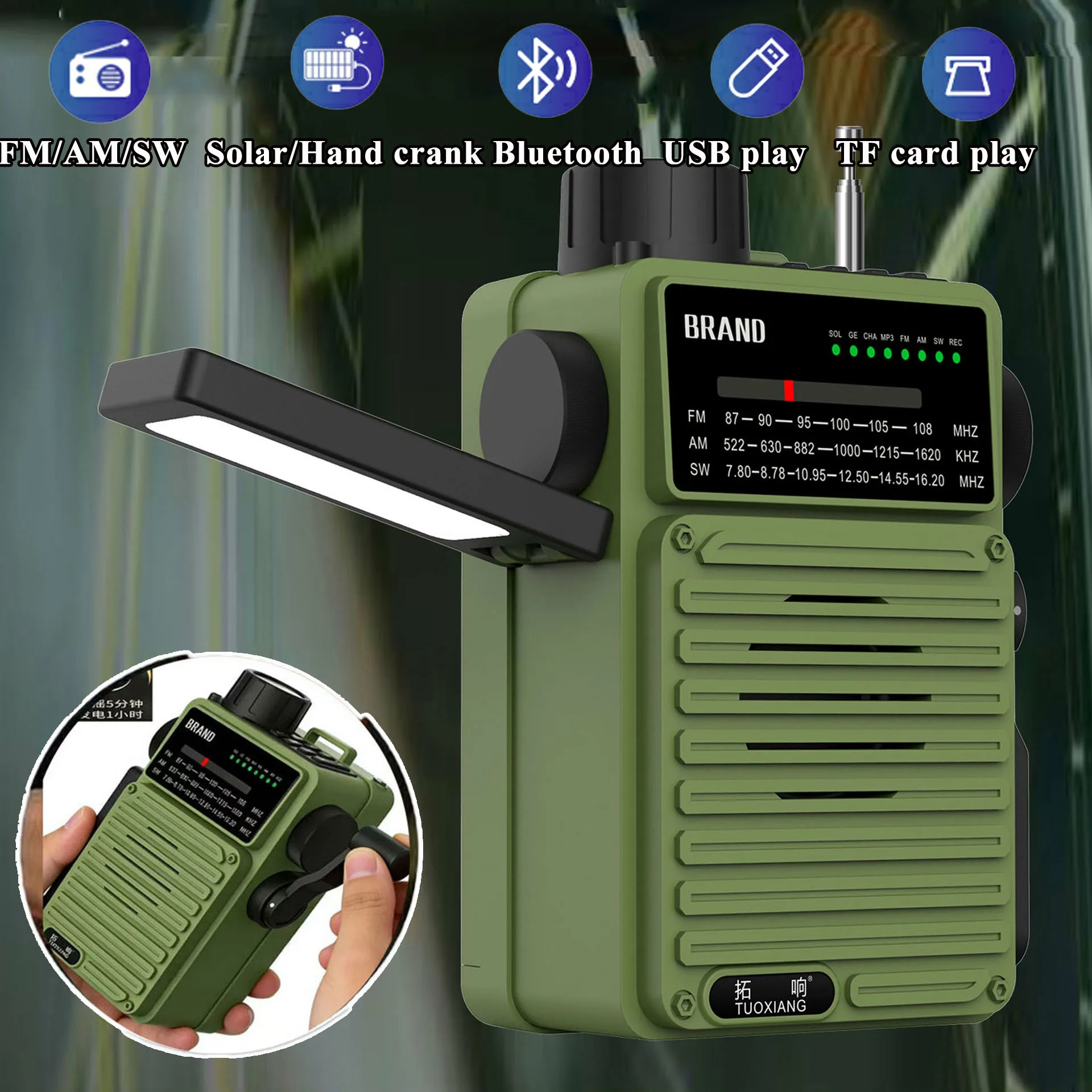Rádio Portátil FM AM SW com Carregamento Solar e Manivela, Rádio de Emergência, Caixa de Som Bluetooth Sem Fio, Lanterna, Power Bank, Reprodução USB e Cartão TF
