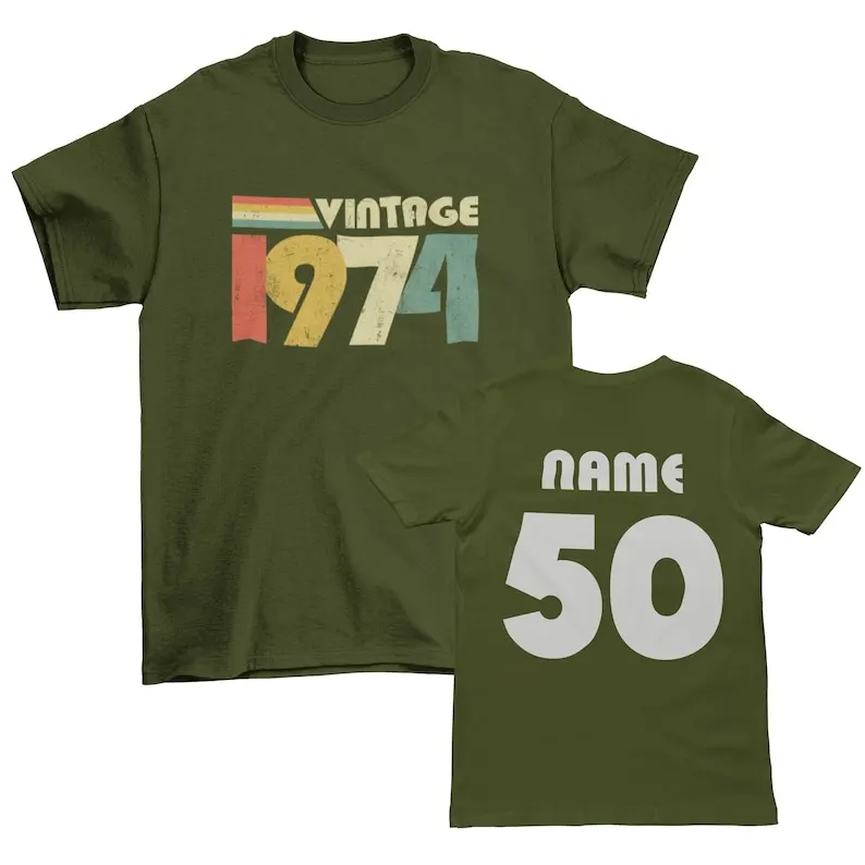 PERSONALISED 50th Birthday T Shirt 2024 Vintage 1974 With Custom Back Print retro fiftieth gift ideas BY30 customisable