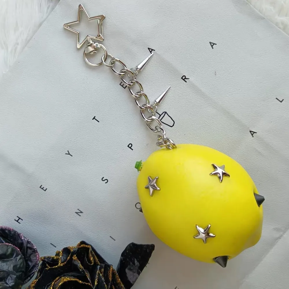 Y2K Style Fruit Vegetable Pendant Simulated Fruit Vegetable Handmade Bag Charm Keychain Exquisite Star Rivet Design Pendant