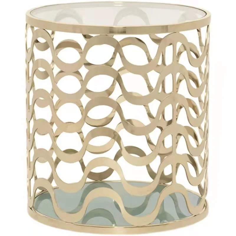 

American light luxury champagne gold stainless steel wavy pattern hollow tempered glass round coffee table creative living room