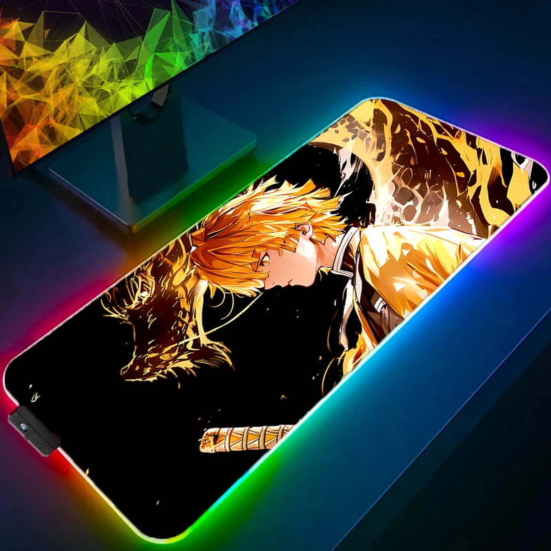 RGB LED Desk Mat Mousepad Anime D-demon Slayer Zenitsu Mouse Pad PC Accessories Gamer Keyboard Pad Soft Gaming Extended Mats