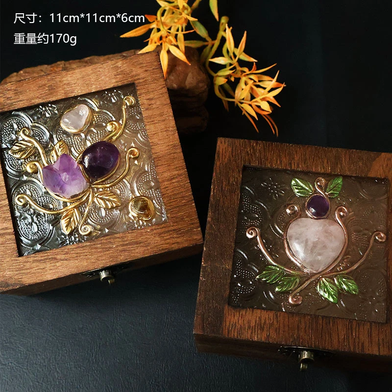 Natural Crystal Inlaid With Amethyst Powder Crystal Amethyst Flower wooden Box Retro Storage Box Jewelry Box
