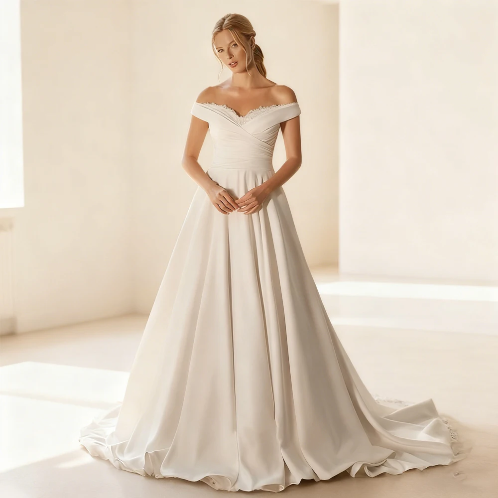オフショルダーのウェディングドレス、ストラップレス、カスタマイズされたノースリーブの花嫁衣装、レース付きAライン、コートトレイン、結婚式用ドレス
