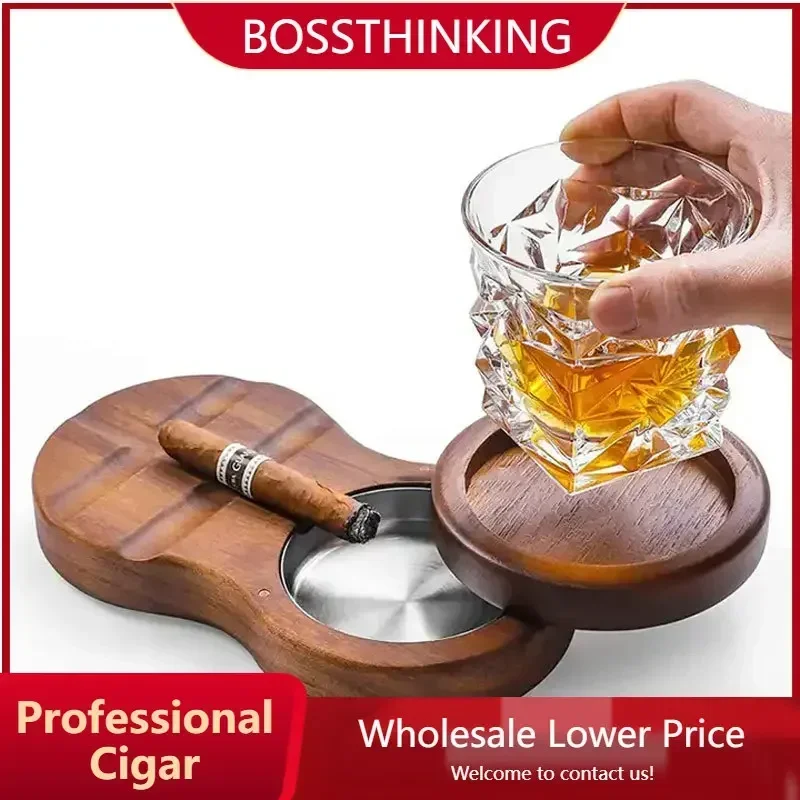 

Cigar Wooden Ashtray Multi Purpose Windproof Tobaco Holder Desktop Ashtray Accessories with Lid