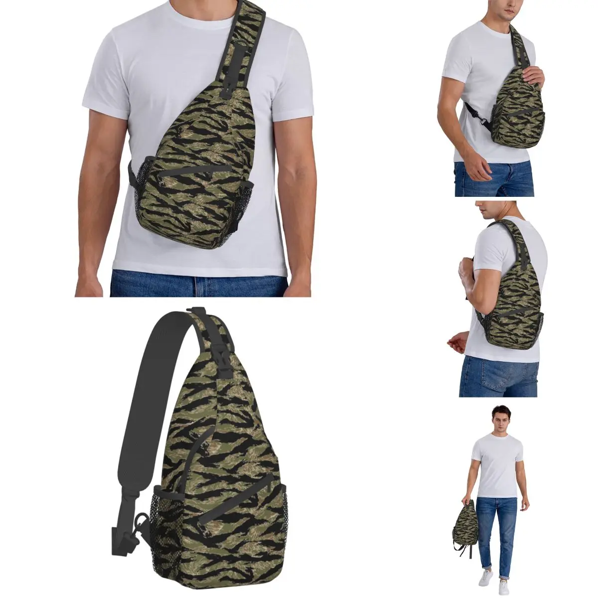 US Army Camouflage Crossbody Sling Bags Small Chest Bag Tiger Stripe Shoulder Backpack Daypack for Hiking Outdoor Sports Pack