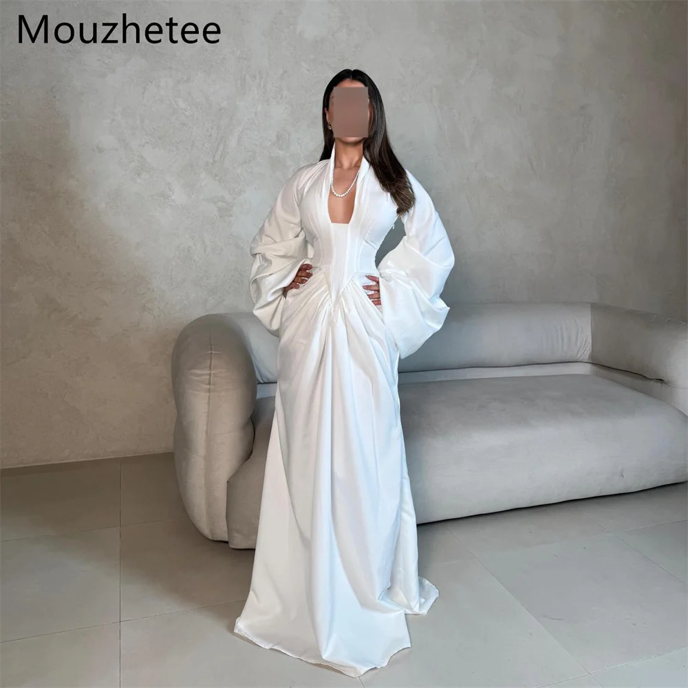 

Mouzhetee A-Line V-Neck Satin Pleat Simple Wedding Dresses Long Sleeve Elegant Brides Gown Custom Made 2026