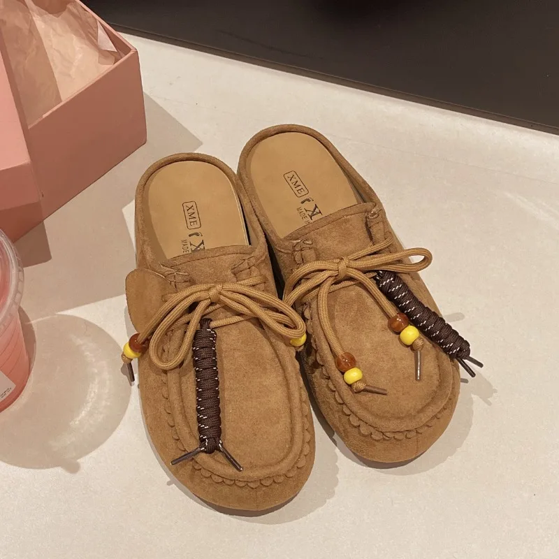 

Spring Women Slippers Suede Leather Soft Flat Shoes Round Head Anti-Slip Comfortable Indoor Beaded Buckle Home Shoes