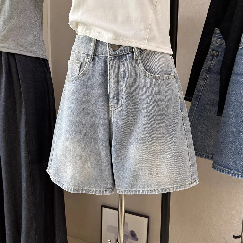 

Light Wash High Waist A-Line Denim Shorts Women's Spring Summer Vintage Straight Leg Wide Leg Mid-Length Pants