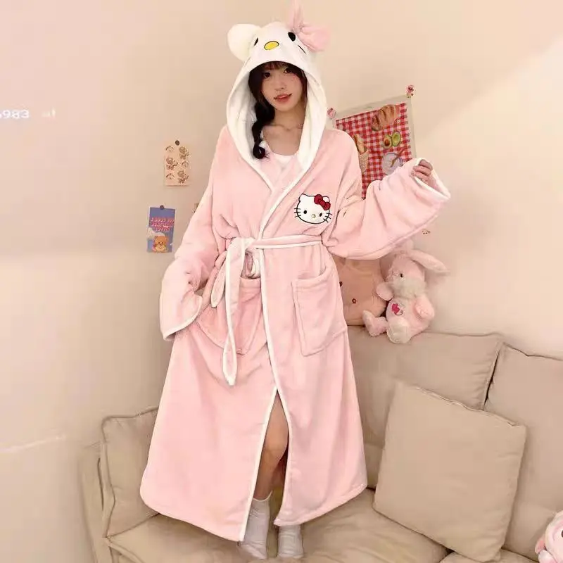 New Hello Kitty  cute hooded nightgown cartoon kawaii thick absorbent quick-drying long adult bathrobe pajamas