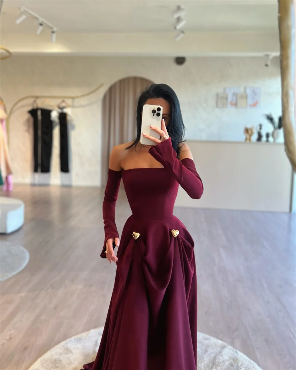 Cathy 맞춤형 부르고뉴 오프 숄더 A 라인 댄스 파티 드레스 긴 소매 Draped vestidos de noiva 바닥 길이 이브닝 드레스 2025