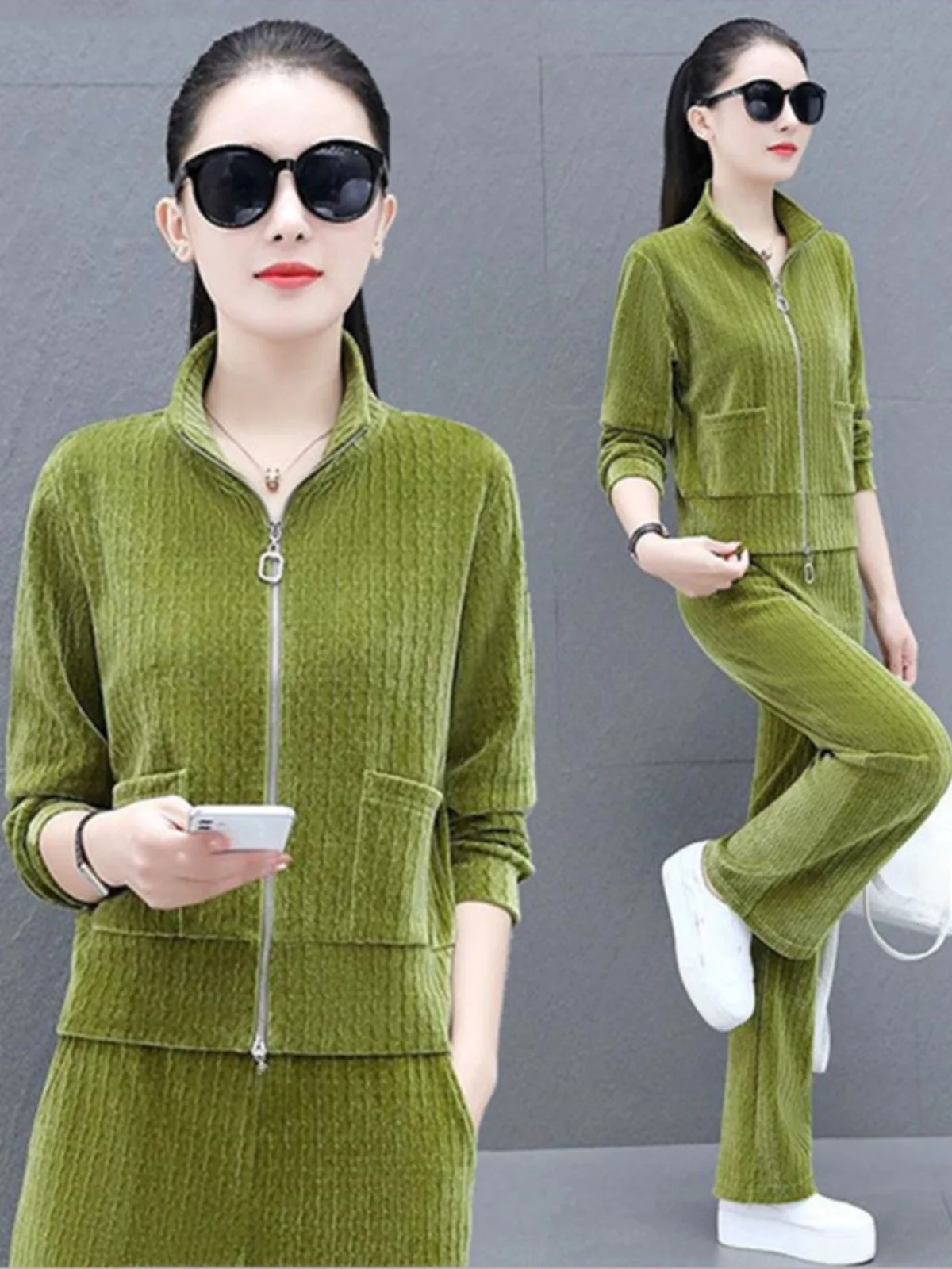 

Комплект из двух предметов: золотистый велюровый спортивный костюм для женщин, осенне-зимний новый кардиган и брюки с широкими штанинами