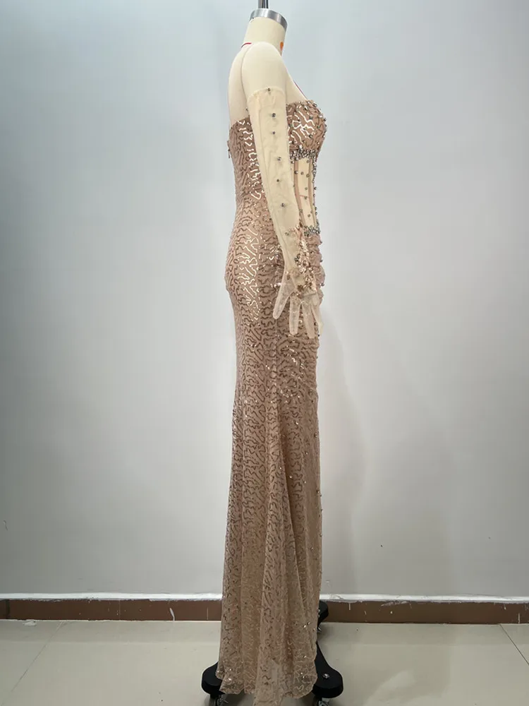 Sexy Strapless Backless Mesh Sequins Crystal Diamonds Maxi Long Women Celebrity Dress 2025 Elegant Party Evening Club Vestido