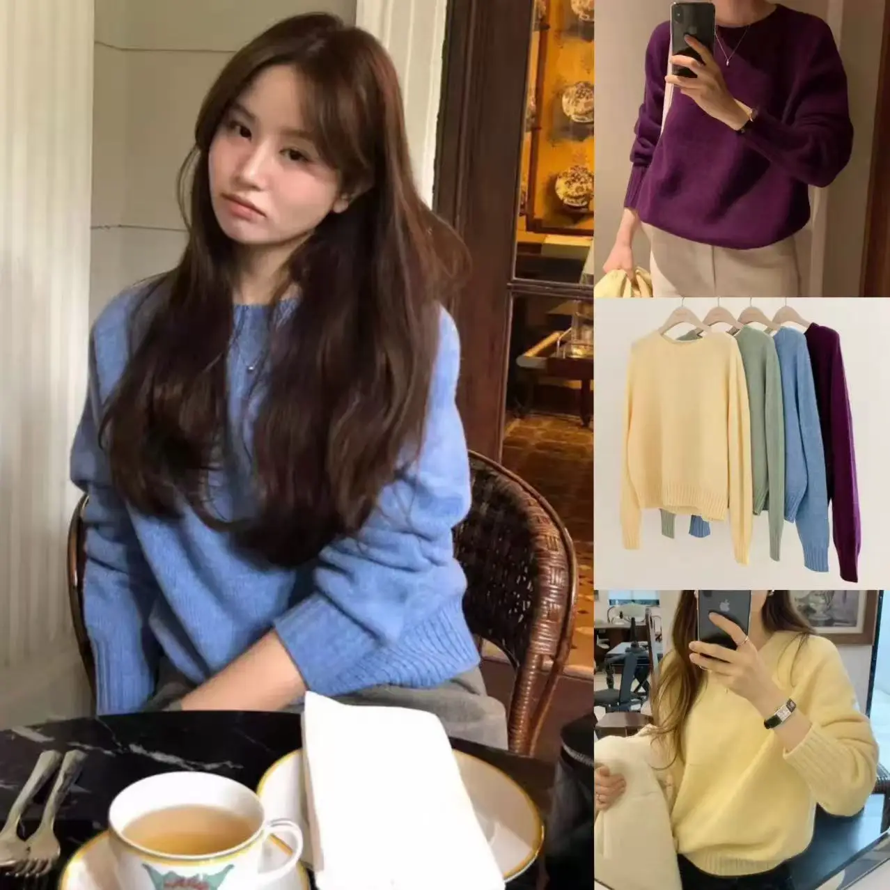 

Loose round Ne Knitted Sweater Women's Simple Sle Dongda Gate Ounce Candy Color Slimming Top Long Sve Winter Faion