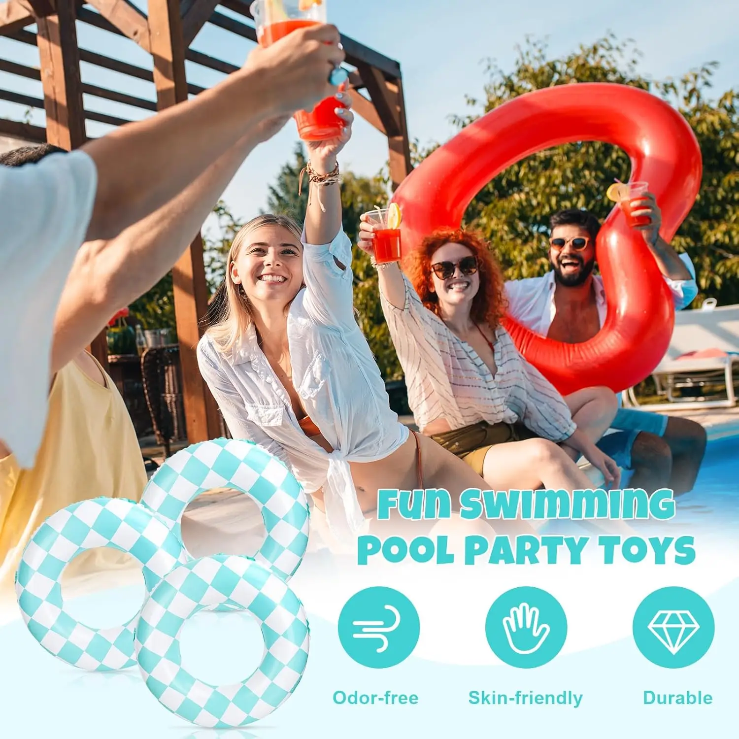 3 stuks opblaasbare zwembadvlotter retro blauw geruite zwemringen zwembadbuizen voor volwassenen tieners zomer strand vrijgezellenfeest
