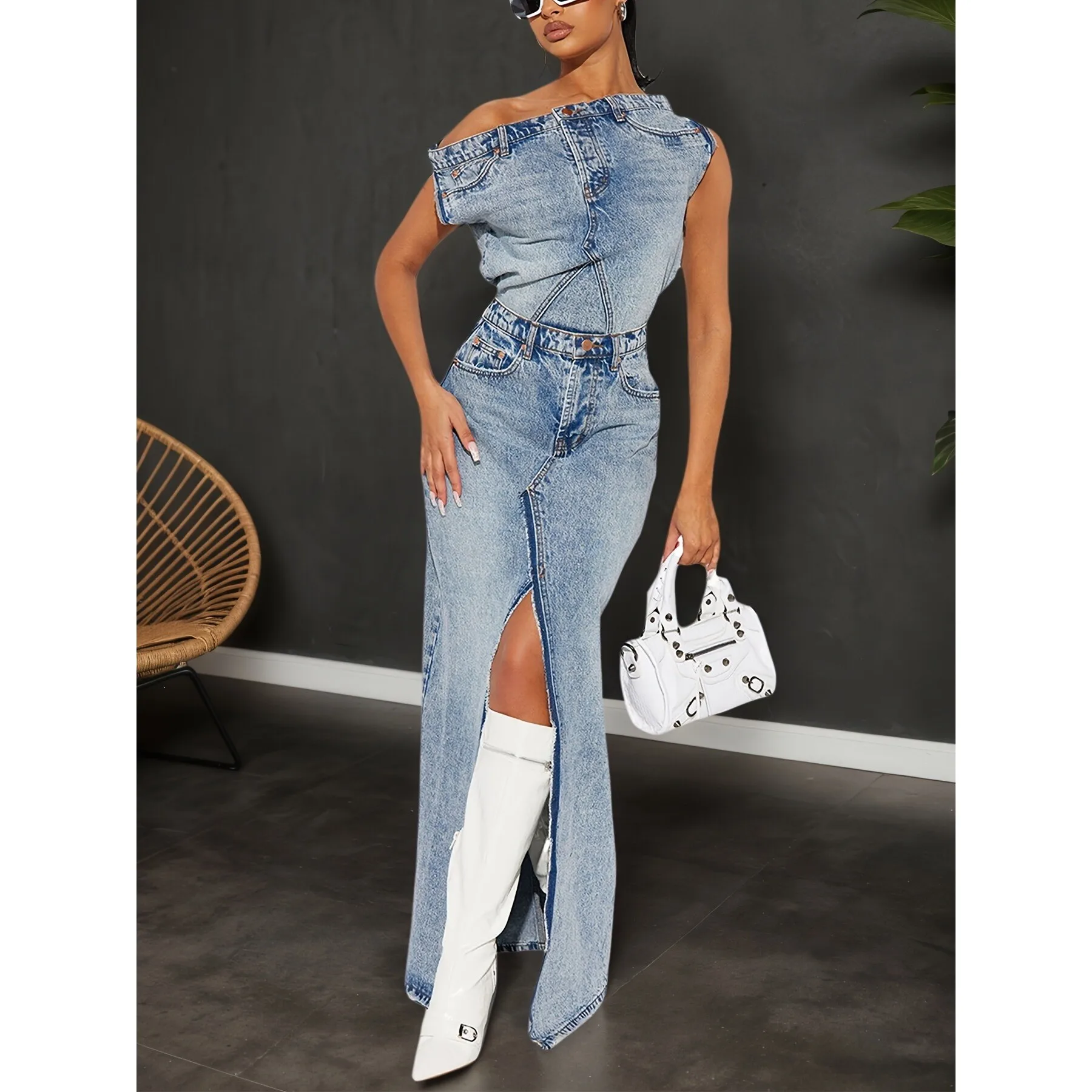 

Retro Slit Denim Set Women's Fashion Summer Outfit Cross-Border Vintage Blue Jeans Ensemble Female Spring Season Style