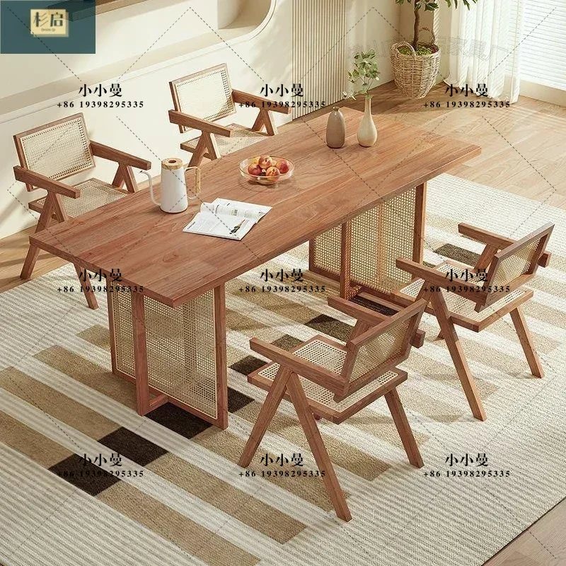 Nordic solid wood rattan small apartment household simple restaurant wabi-sabi wind B & B rectangular dining table