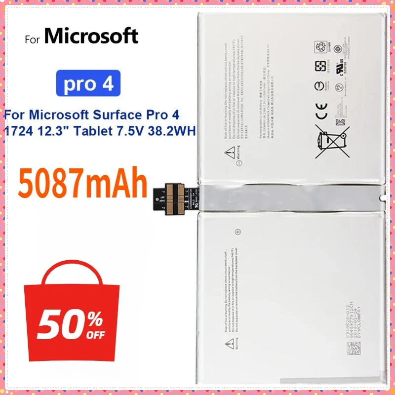 

Tablet Battery 5087mAh for Microsoft Surface Pro 4 T1724 12.3" Tablet 7.5V 38.2WH DYNR01 G3HTA027H Bateria Tablet Accessories